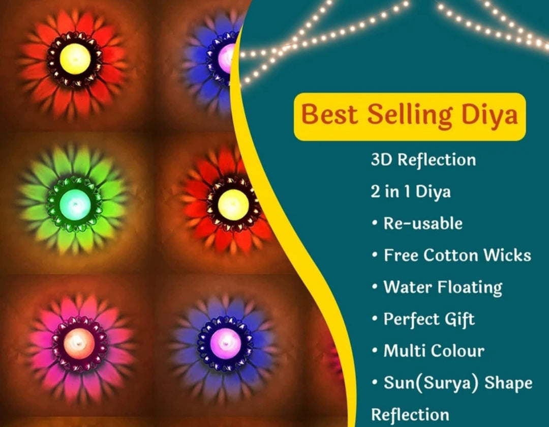 3d Lotus Reflection Water Sensor Led Diyas 🪔🪔🪔🪔.      Pack Of 12 (12 Cotton wicks & 12 Spring)____